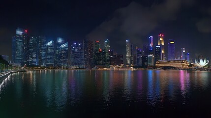 Fototapeta premium Illuminated City Skyline Reflects In Calm Water At Night