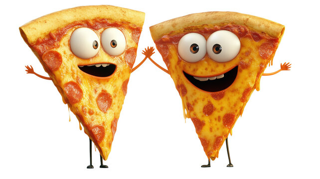 Two cartoon pizza slices with happy faces and arms, standing on a transparent background