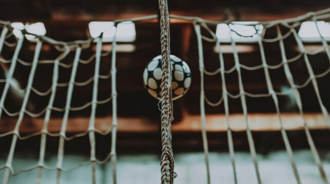 soccer ball is caught in net, suspended in mid air, with blurred background of sports facility. image captures dynamic motion and energy of sport