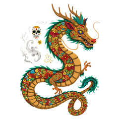Colorful, Ornate Dragon with Decorative Elements isolated on white or transparent png background