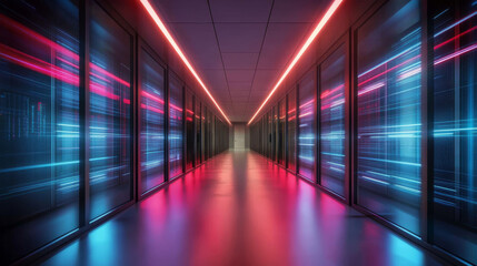 Obraz premium futuristic data center hallway with glowing red and blue lights reflecting on floor, creating high tech and dynamic atmosphere