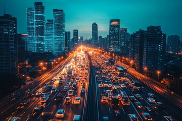 Obraz premium City traffic flowing along a large highway at night time