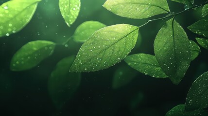 Lush Green Leaves with Water Droplets and Dark Background