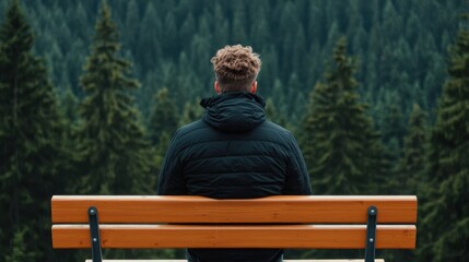 Fototapeta premium Person in dark hooded jacket sitting on wooden bench in dense evergreen forest