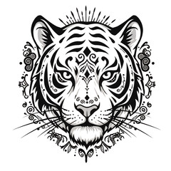 Fototapeta premium Intricate Tiger Face Design with Tribal Ornamentation isolated on white or transparent png background