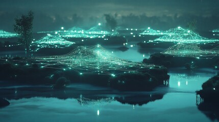 Futuristic landscape reflecting digital network over tranquil water surface