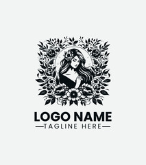 Beautiful Girl with Flowers Logo Design, Floral Girl Logo