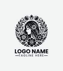 Beautiful Girl with Flowers Logo Design, Floral Girl Logo