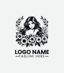 Beautiful Girl with Flowers Logo Design, Floral Girl Logo
