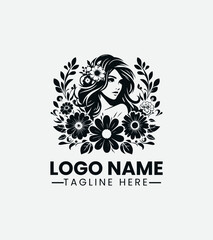 Beautiful Girl with Flowers Logo Design, Floral Girl Logo