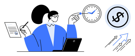 Businesswoman using laptop, pen, and checklist while pointing to clock and dollar sign. Ideal for productivity, time management, budgeting, financial planning, goal setting, investment business