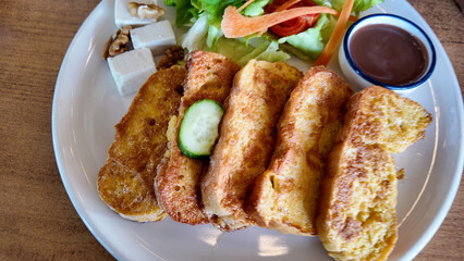Delicious French Toast Breakfast With Fresh Salad and Dipping Sauce