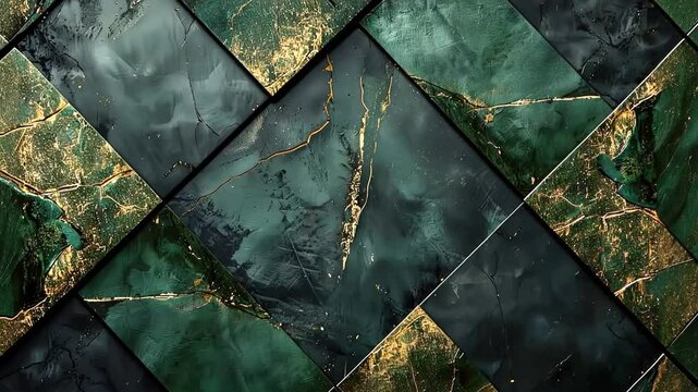 Dark emerald green and gold marble tiles.  Intricate pattern with a modern geometric design