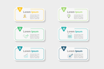 business concept with 6 steps infographics,  rectangle shape and multicolor label ,design for workflow layout, diagram, annual report, web design. vector