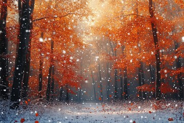 A snow covered forest scene shows colorful autumn leaves falling