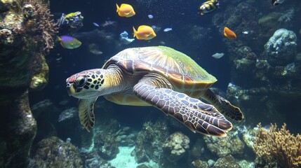 Obraz premium Majestic Sea Turtle Gracefully Navigating a Vibrant Coral Reef Ecosystem