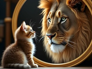 Adorable kitten sees lion in mirror, powerful reflection, growth mindset, animal metaphor