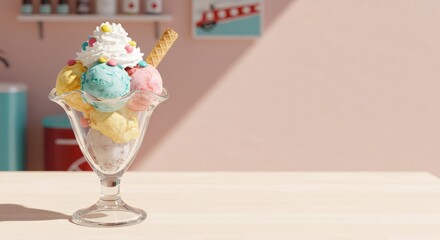 Colorful ice cream sundae in glass with wafer and sprinkles on pastel background. Summer dessert concept. Sweet treat for hot day. Copy space