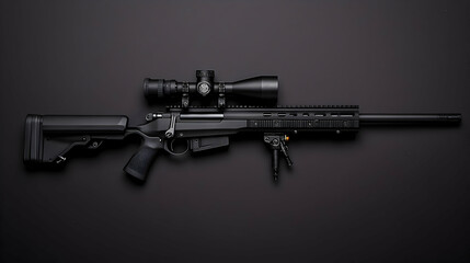 Black Precision Rifle with Scope Isolated on Dark Gray Background and Shadow