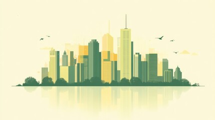 Fototapeta premium Modern city skyline, sunrise, calm atmosphere, graphic design, for stock