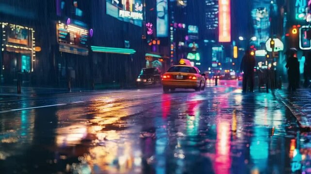 A taxi navigated through the bustling city streets at night, its headlights cutting through the darkness as neon signs flickered in the background.