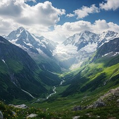 Obraz premium Journey to the Hidden Valley , A Symphony of Stone, Snow, and Green