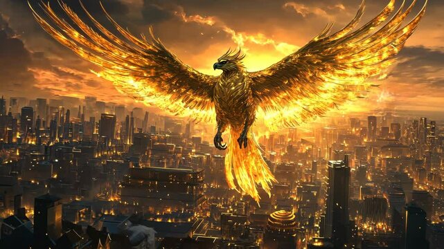 Golden griffin soaring over a radiant city bathed in twilight, its glowing wings capturing the essence of mythical power