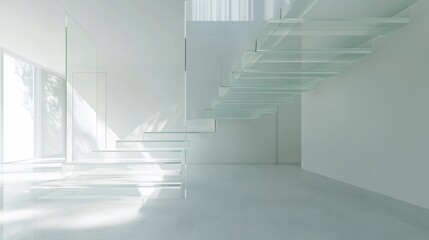 Obraz premium Modern minimalist interior with floating glass staircase and natural light
