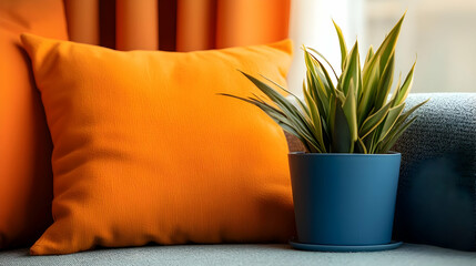 Orange Pillow With Indoor Plant In Blue Pot