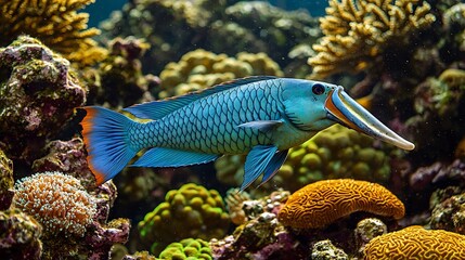 Rare Blue Parrotfish swimming over a vibrant coral reef its beak like mouth carving through the hard coral formations