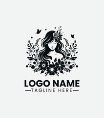 Beautiful Girl with Flowers Logo Design, Floral Girl Logo