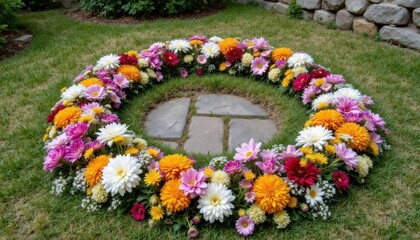 The flower arrangement consisted of vibrant blooms artfully arranged around the ancient stone circle, creating a harmonious blend of natural beauty and historic mystique.