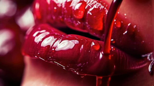 abstract close-up of cherry lips with creative makeup, artistic and bold, focus on vibrant colors and details, edgy and unique concept