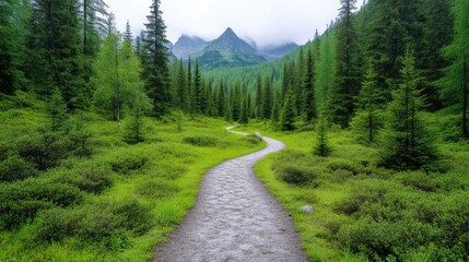 Obraz premium Winding path through a lush mountain valley. Misty peaks rise in the background