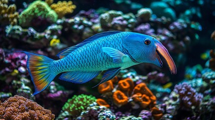 Obraz premium Rare Blue Parrotfish swimming over a vibrant coral reef its beak like mouth carving through the hard coral formations