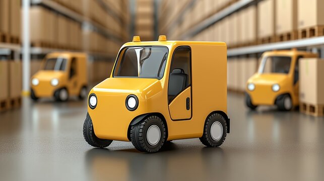 Three Yellow Delivery Vehicles in Warehouse Setting