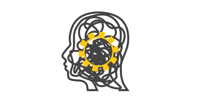 Process of solving, unleashing problems animation. From a complex problem to a simple business solution. Brainstorming video. Thin line knot and gear