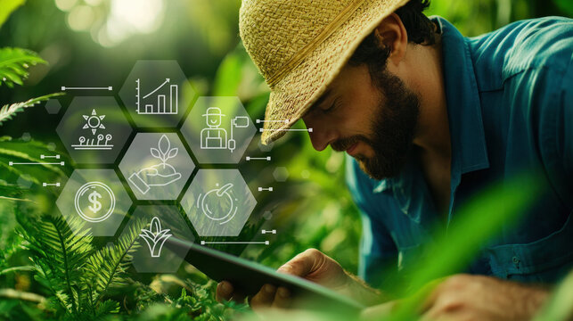 farmer uses tablet in lush field, surrounded by digital icons representing smart farm technology