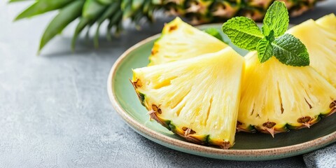 Fresh Pineapple Slices on Green Plate with Mint Leaves on Top