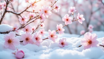 Obraz premium The soft, delicate petals of blooming flowers intertwine with the serene, snow covered landscape