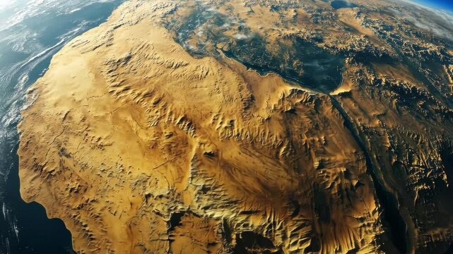 Africa from orbit, showcasing the vast golden Sahara Desert, lush Congo Basin, and the Nile River snaking through arid landscapes towards the Mediterranean