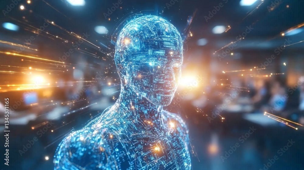 Poster Digital representation of an artificial intelligence entity illuminated in a high-tech environment