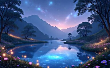 A magical hidden valley with a glowing lake surrounded by luminescent flowers, floating fireflies, and an ethereal sky full of shimmering constellations.