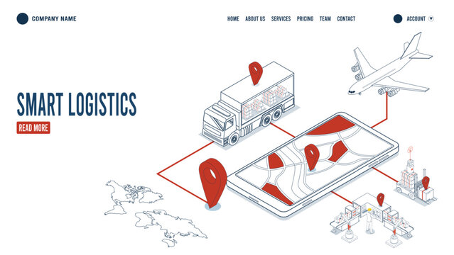 3D isometric template showcasing smart logistics solutions that integrate delivery robots, warehouse management systems, and transportation to optimize the entire supply chain process.