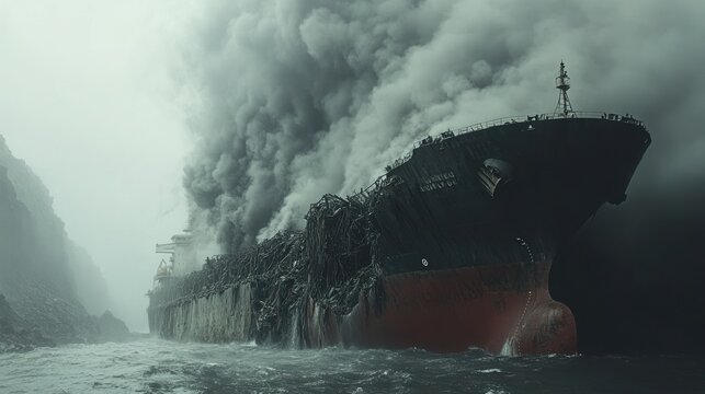 Massive cargo ship engulfed in flames and smoke, severely damaged