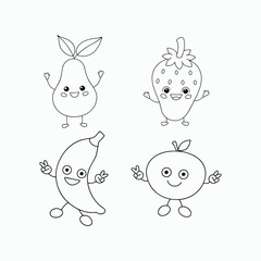 cartoon fruits character outline kids coloring book page line art drawing Vector illustrations. International Children's Book Day.