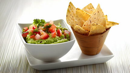 Guacamole served with tortilla chips in a white bowl and wooden container on a white plate with cilantro garnish