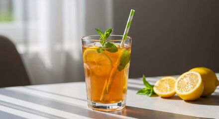 Refreshing iced tea with lemon and mint in glass on sunny table. Summer drink recipe. Homemade lemonade for hot days. Citrus beverage with copy space