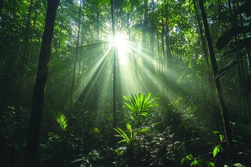 Sunbeams shine through the tall trees in a dense forest