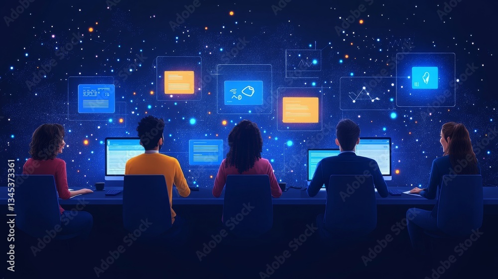 Poster employees utilizing on-demand access platform while analyzing data in a futuristic workspace
